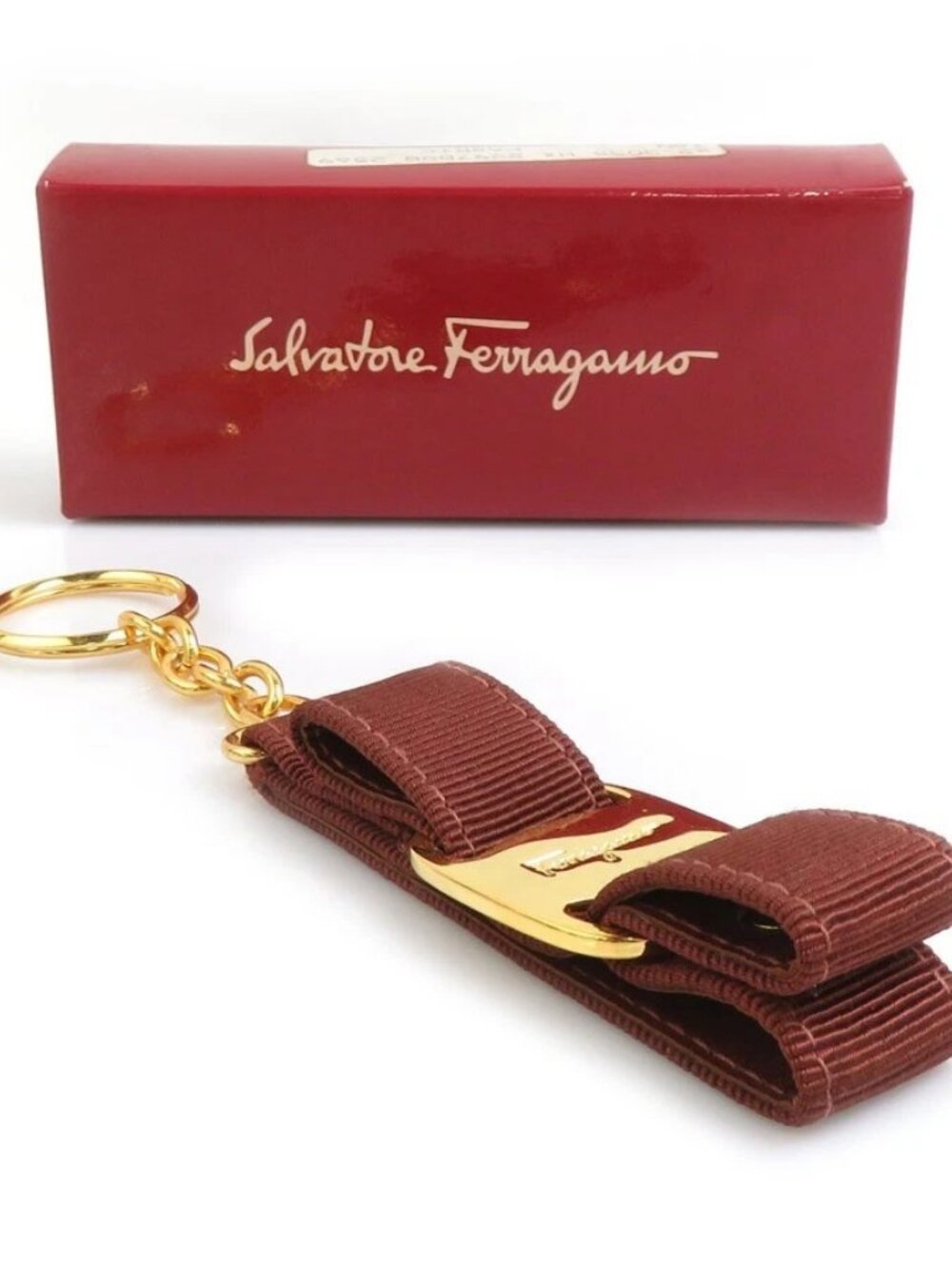 Salvatore Ferragamo Vara Ribbon Key Ring Holder Brown/Gold Canvas